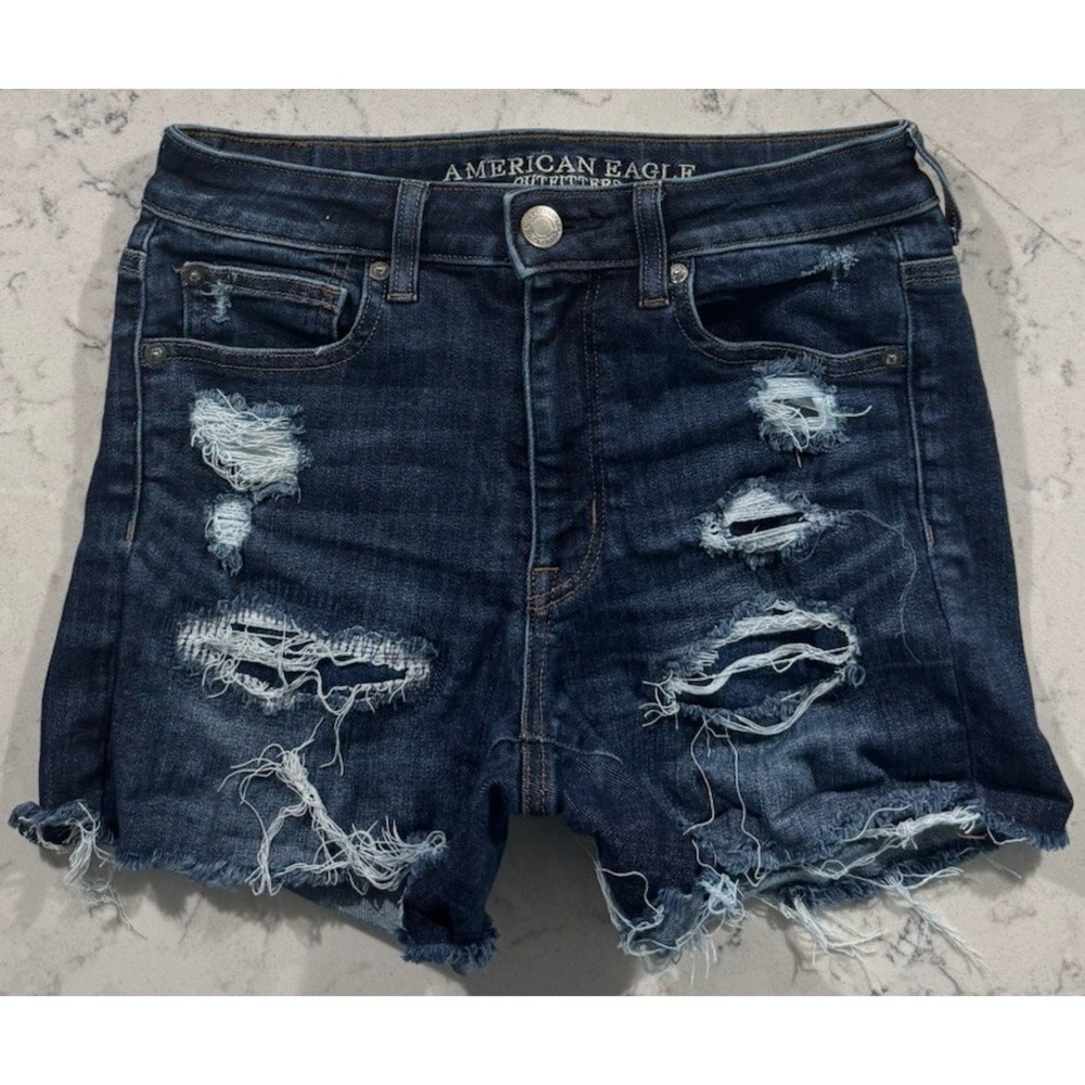 American Eagle Denim Shorts Womens 6 Blue Distressed Hi Rise Stretch Raw Hem